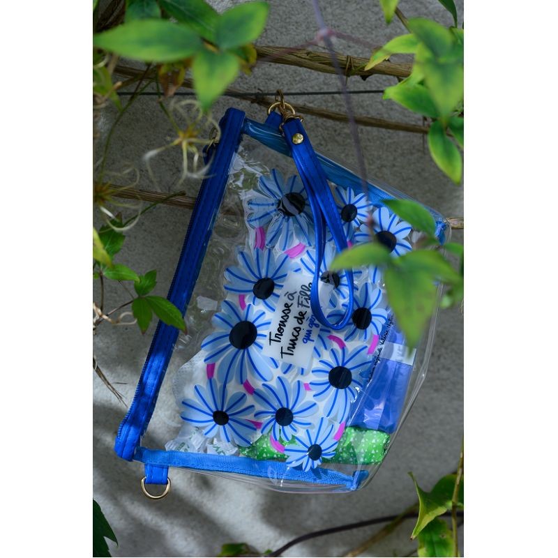 Trousse trasparente e impermeabile con chiusura zip, decorata con fiori azzurri